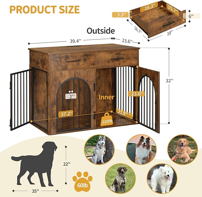 Hzuaneri 39.4'' Dog Crate Furniture with 2 Drawers, Indoor Dog Kennel with Charging Station, Wooden Dog Cage Side End Table Kennel for Medium/Large Dogs, Rustic Brown DFC84201B
