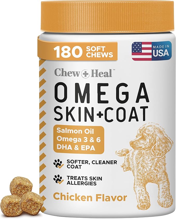 Omega 3 Fish Oil for Dogs - 180 Soft Chews for Itch Relief, Shedding & Hot Spots - Skin and Coat Supplement - Salmon Oil, EPA & DHA - Allergy Chews - Made in USA - Chew + Heal