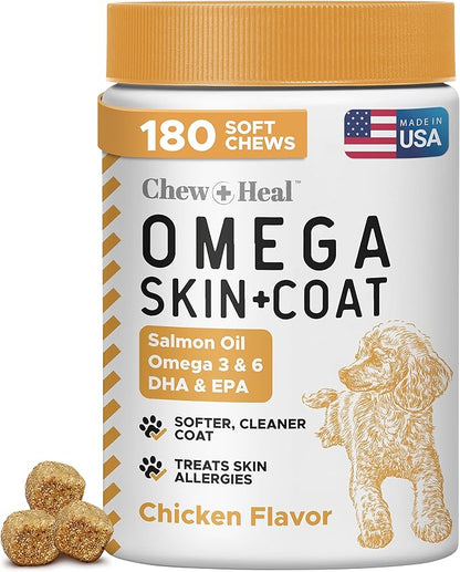 Omega 3 Fish Oil for Dogs - 180 Soft Chews for Itch Relief, Shedding & Hot Spots - Skin and Coat Supplement - Salmon Oil, EPA & DHA - Allergy Chews - Made in USA - Chew + Heal