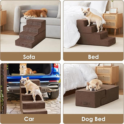 EHEYCIGA Dog Stairs for Bed 20" H, 4-Step Extra Wide Dog Steps for High Bed, Pet Steps for Small Dogs and Cats, Non-Slip Balanced Pet Ramp Indoor, Brown