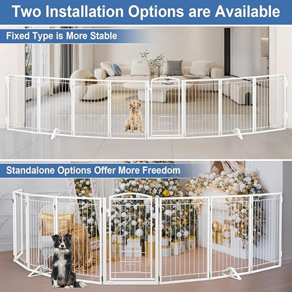 Metal Freestanding Dog Gate with Cat Door for Indoor/Outdoor,160" Extra Wide Foldable Pet Gate,32" Tall Foldable Indoor Dog Fence for Large Openings Stairs,Deck,Yard,Doorways(8 Panels,White)