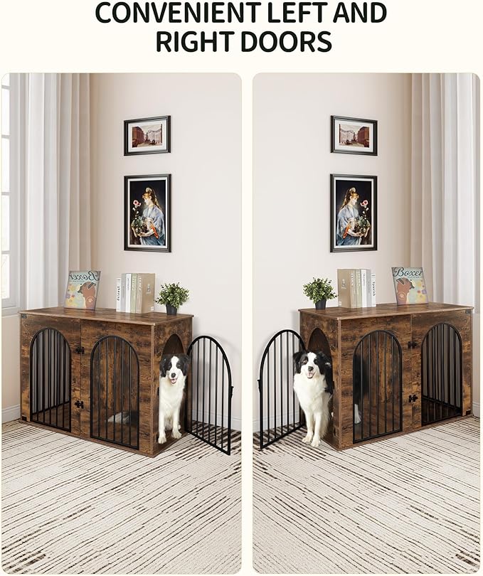 Hzuaneri 44.1" Wooden Dog Crate Furniture, Indoor Dog Kennel Dogs Cage for Small/Medium/Large Dogs, Heavy Duty Dog Crates Decorative Pet House End Side Table TV Stand, Rustic Brown DFC83901B
