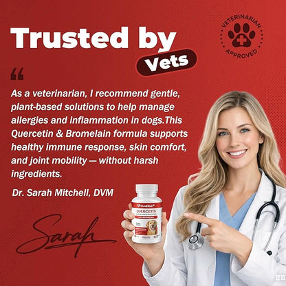 Quercetin & Bromelain Tablets for Dogs — for Skin Allergy, Atopic Dermatitis, Ear Infection Treatment & Joint Inflammation — Immune & Anti-Inflammatory Support — Vet-Formulated