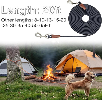 Tie Out Rope Dog Leash, Long Tether 8-10-13-15-20-25-30-35-40-50-65 FT Heavy Duty Nylon Check Cord for Medium Large Dogs 20FT Indoor/Outdoor Playing Camping Backyard (Black, 3/8")