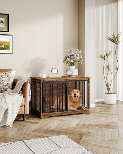 Hzuaneri 39.3" Dog Crate Furniture with Barn Door, Heavy Duty Dog Kennel Indoor with 2 Doors, Wooden Pet Cage End Table for Large Small Medium Dogs, Anti-Chew Anti-Escape, Rustic Brown DFC02301B