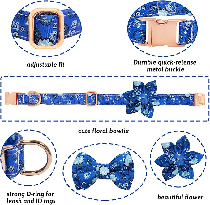 Dog Collar and Leash Set Girls Adjustable Puppy Collars with Floral Bow Tie for Small Medium Large Female Dogs, BluePaisley, L