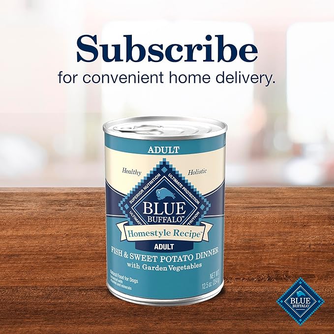 Blue Buffalo Homestyle Recipe Adult Wet Dog Food, Made with Natural Ingredients, Fish & Sweet Potato Dinner with Garden Vegetables, 12.5-oz can (Pack of 12)