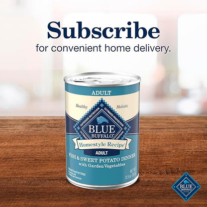 Blue Buffalo Homestyle Recipe Adult Wet Dog Food, Made with Natural Ingredients, Fish & Sweet Potato Dinner with Garden Vegetables, 12.5-oz can (Pack of 12)
