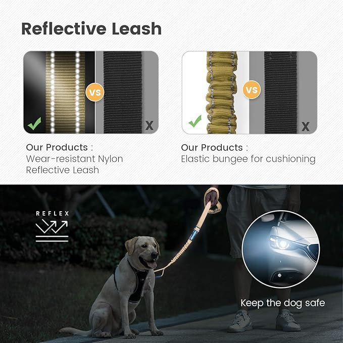 IOKHEIRA Multifunctional Dog Leash - 4-6 FT Strong Bungee, Car Seatbelt Compatible, Army Green