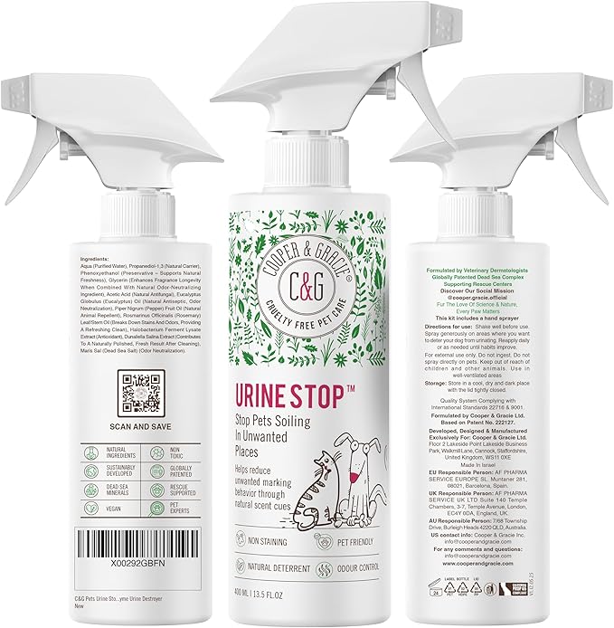 Urine Stop Spray for Dogs Only 400ml – Plant Based Indoor Dogs Urine Deterrent – Odour Neutraliser and Enzymatic Cleaner for Carpet and Floors – Safe Non-Toxic Formula – Long Lasting Protection