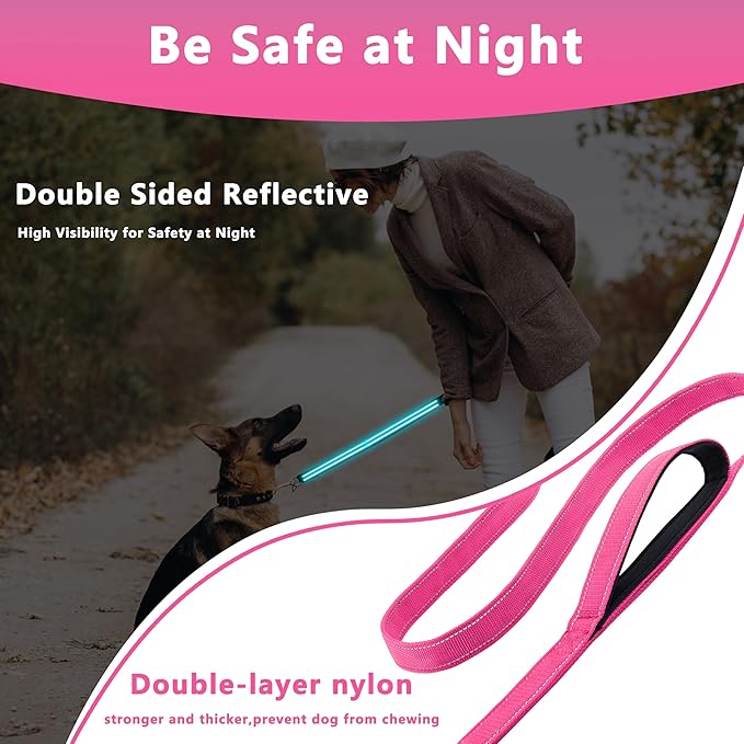Dog Leash 6ft Long, Double Handle Dog Leash for Safety Control Training, Heavy Duty Dog Leads with Traffic Padded Handles, Reflective Leashes for Small Medium Large Dogs(6ft, Hotpink)
