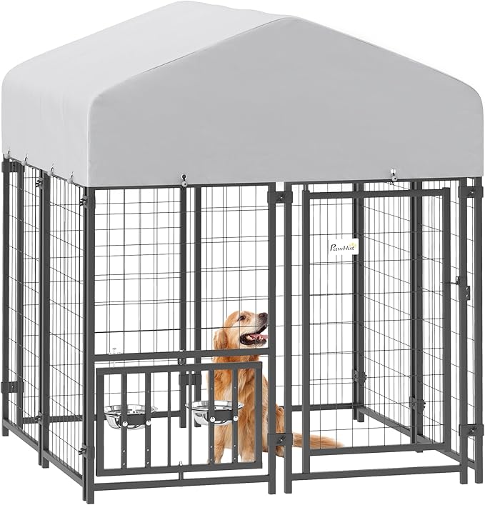 PawHut 4' x 4' x 4.5' Outdoor Dog Kennel, Welded Wire Dog Kennel Outside Run with 360° Rotating & 4 Level Adjustable Bowls, Waterproof & UV Resistant Cover, for S&M Breeds, Chickens, Ducks, Silver