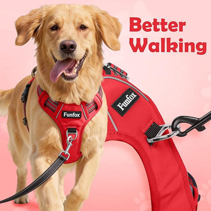 Funfox Dog Harness No Pull, Adjustable Pet Vest Harness, Super Soft Material with Vertical Handle Easy Control, Reflective Night Walking, 2 Leash Clips for Medium Sized Dogs, Red, M