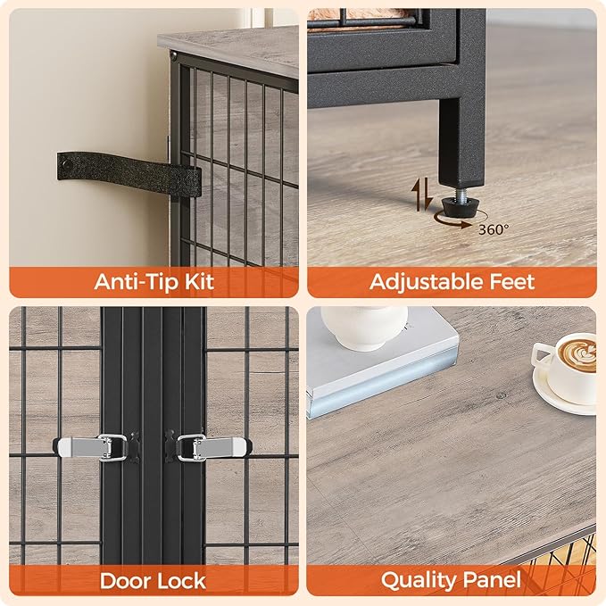 MAHANCRIS Dog Crate Furniture for 2 Dogs, 43.3" Dog Kennel with Removable Divider, Heavy Sturdy Dog Furniture Style Double Cage for Small Medium Dog, Indoor Pet House End Table, Greige DCHG1201