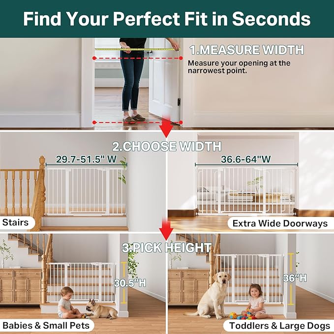 Cumbor 29.7–51.5" Extra Wide Baby Gate for Stairs, Pressure-Mounted Dog Gates for Doorways & Hallways, Auto-Close Walk-Through, No-Trip Design, Child Proof Safety, Dog/Pet Gate for Indoor Use, White