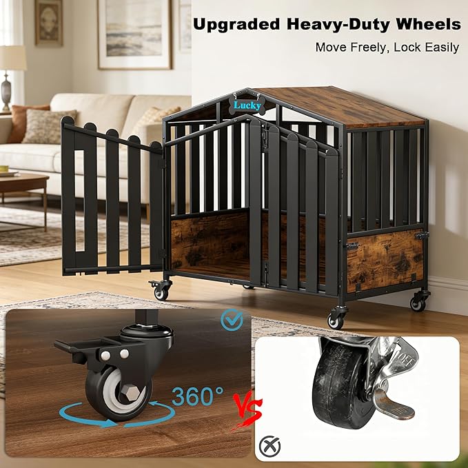 EasyCom 41“ XL Heavy Duty Dog Crate Furniture, Dogs Kennel Indoor with 360° Wheels, Dog Crates for Medium Dogs(35-60lb), Wooden Dog Cage with Feeding Window and Name Tag, Dog House, Rustic Brown