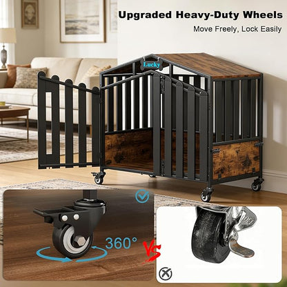 EasyCom 41“ XL Heavy Duty Dog Crate Furniture, Dogs Kennel Indoor with 360° Wheels, Dog Crates for Medium Dogs(35-60lb), Wooden Dog Cage with Feeding Window and Name Tag, Dog House, Rustic Brown