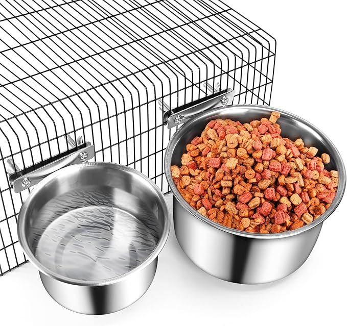 Crate Food and Water Bowl, ShineMe 2 Pack Stainless Steel Hanging Pet Bowls for Crates Kennels Cages, Metal Dog Crate Bowls Hanging No Spill for Medium and Large Pets (7.1 * 3.5” & 5.5 * 3.2”)
