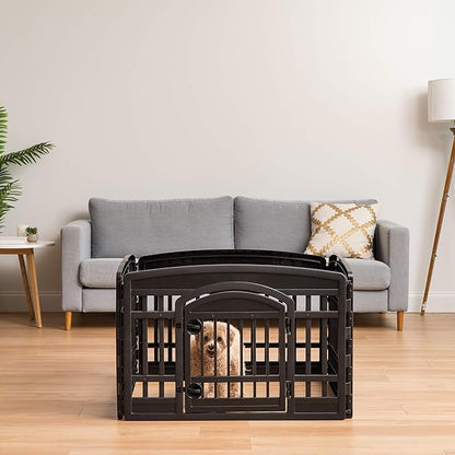 IRIS USA Dog Playpen with Door, 24” 4 Panel Pet Exercise Pen – Indoor Outdoor Puppy Play Pen, Portable Plastic Pet Fence for Small Medium Dogs, Foldable 35” x 35” x 24”, Black
