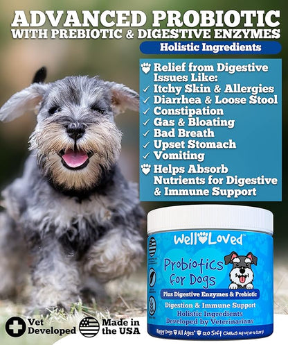 Well Loved Probiotics for Dogs, Dog Probiotics, Made in USA, Vet Developed for Gut Health, Yeast Balance, Itchy Skin, Diarrhea & Gas Relief, Chews with Prebiotic & Digestive Enzymes, Digestive Support