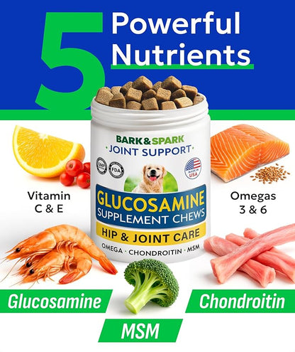BARK&SPARK Glucosamine Chondroitin Dog Hip & Joint Supplement - Joint Pain Relief - Hip & Joint Chews - Joint Support Large Small Breed - Senior Doggie Vitamin Pill Joint Health