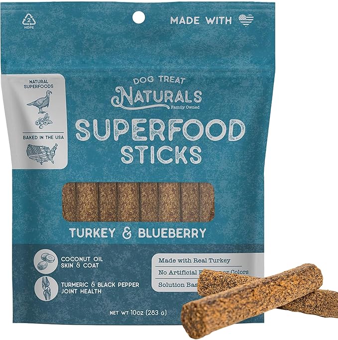 Dog Treat Naturals Superfood Sticks, Turkey & Blueberry, 10oz Bag | Dog Chew Sticks | All-Natural, Pet Training Treats | Joint-Skin-Coat Health | USA Made
