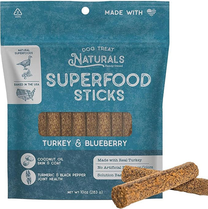 Dog Treat Naturals Superfood Sticks, Turkey & Blueberry, 10oz Bag | Dog Chew Sticks | All-Natural, Pet Training Treats | Joint-Skin-Coat Health | USA Made