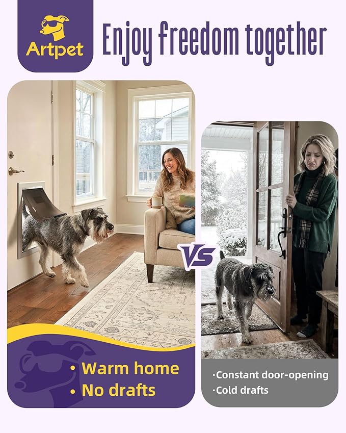 Large Aluminum Dog Door for Exterior Doors, Insulated Weatherproof Pet Door with Magnetic Auto Close, Blocks Cold & Hot Air, Metal Frame Doggie Door for Dogs, Up to 110 lbs