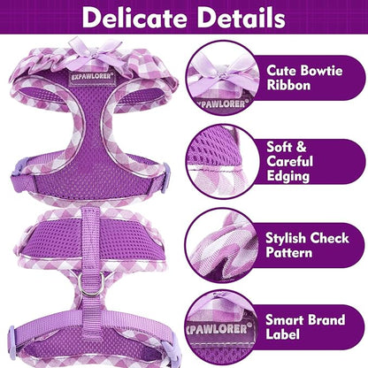 EXPAWLORER Cute Dog Harness Collar Leash Set - Purple Girl Dog Harness Checkered Step-in Design, Detachable Bow Pet Collar, Adjustable No-Choke Lightweight Mesh Vest for Cats Puppy Small Dogs, XS