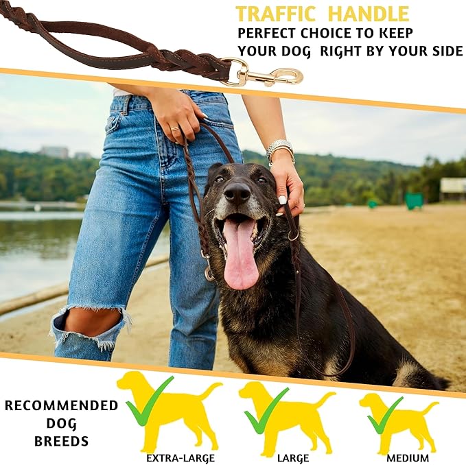 ADITYNA - Double Handle Leather Dog Leash 6ft - Heavy Duty Braided Dog Leash with Traffic Handle - Lead for Training and Walking Medium Large Breeds (Brown, Two Handles 6 Foot x 3/4")