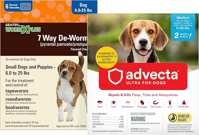 WORM X PLUS 7 Way DeWormer for Small Dogs 6-25 lbs (6 Count) + ADVECTA Flea and Tick Prevention for Medium Dogs 11-20 lbs (2 Count) Bundle