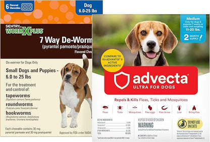 WORM X PLUS 7 Way DeWormer for Small Dogs 6-25 lbs (6 Count) + ADVECTA Flea and Tick Prevention for Medium Dogs 11-20 lbs (2 Count) Bundle