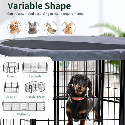 PETIME Dog Playpen,Metal Exercise Puppy Pen Heavy Duty Kennels Yard Fence Indoor/Outdoor 22" W x 24" H 8 Panels Dog Cage with Octagon Top Cover