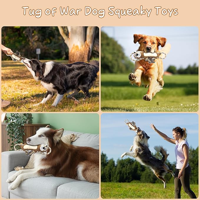 BUYPOW Squeaky Dog Toys, Interactive Tug of War Puppy Toys, Funny Plush Dog Chew Toys, Stuffed Dog Toys for Small,Medium and Large Dogs - Lion
