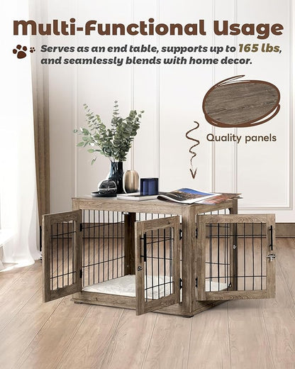 Upolana Dog Crate Furniture, 32 inch Medium Dog Crates with Bed Mat, Wooden Dog Kennel Furniture, End Side Table Dog Cage with 3 Doors, Greige