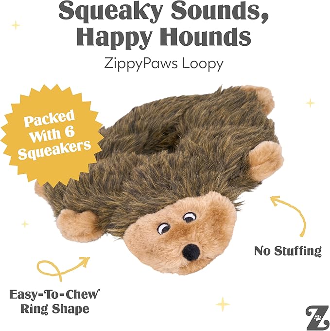 ZippyPaws Loopy - No Stuffing Dog Toys to Keep Them Busy, for Small, Medium, & Large Dogs, Squeaky Pet Toy for Boredom, Unstuffed Chew Toy, Soft Plush Puppy Products, Hedgehog - 10"