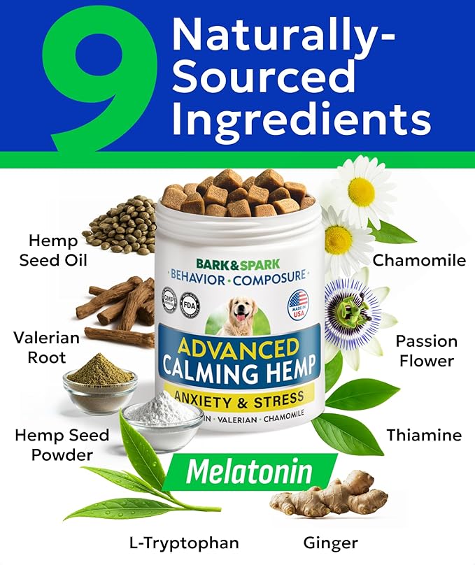 BARK&SPARK Advanced Calming Chews for Dogs - Hemp Chew + Melatonin - Anxiety Relief - Sleep Aid - Relaxing Treats - Stress Relief During Fireworks, Storms, Thunder, Barking