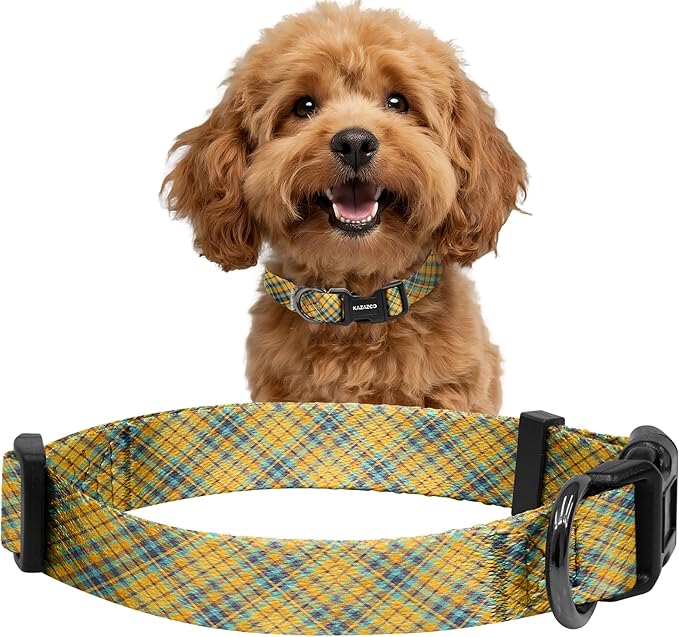 Kazazoo Dog Collar Cute and Soft Nylon Puppy Collar for Boy and Girl, Adjustable Dog Collars for Small Medium Dogs, Yellow&Blue Plaid-S