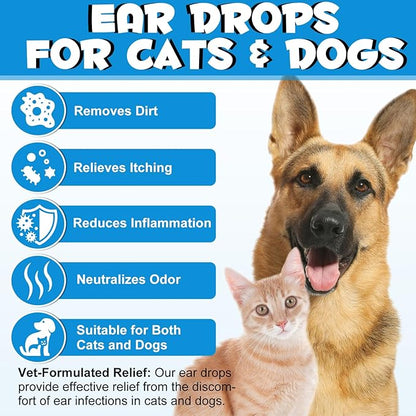 VOSIFSDIY Dog Cat Ear Infection Treatment Drops, Pets Ear Cleaning Drops with 1% Hydrocortisone for Dog & Cats Yeast Infection, Itchy Ear Relief, Pet Ear Care Supplies for Dogs & Cats -2fl oz(2PCS)