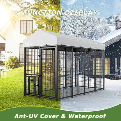 ROOMTEC Heavy Duty Outdoor Dog Kennel with Rotating Bowls, 8 x 4 x 5.6-ft
