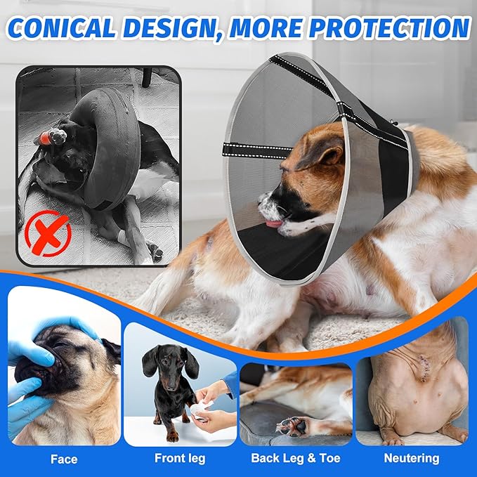 Breathable Mesh Dog Cone Collar with Soft Liner for Surgery, Elizabethan Recovery Alternative to Stop Licking,Pet Neck Collar for Large Medium Small Breeds(Black,1)