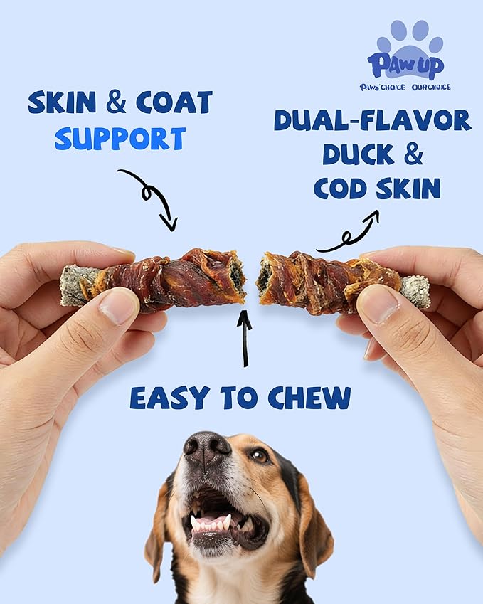 PAWUP Cod Skin Dog Treats with Duck Dog Snacks High Protein and Omega-3, Natural Dog Chews w/Taurine, 21 oz
