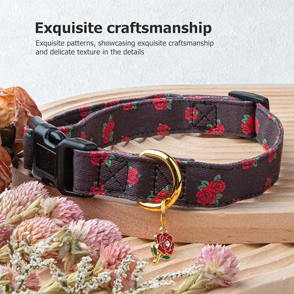 Cotton Handmade Dog Collar Cute and Distinctive Patterns Black Rose with Pendant for Girl Boy Dogs Collars S
