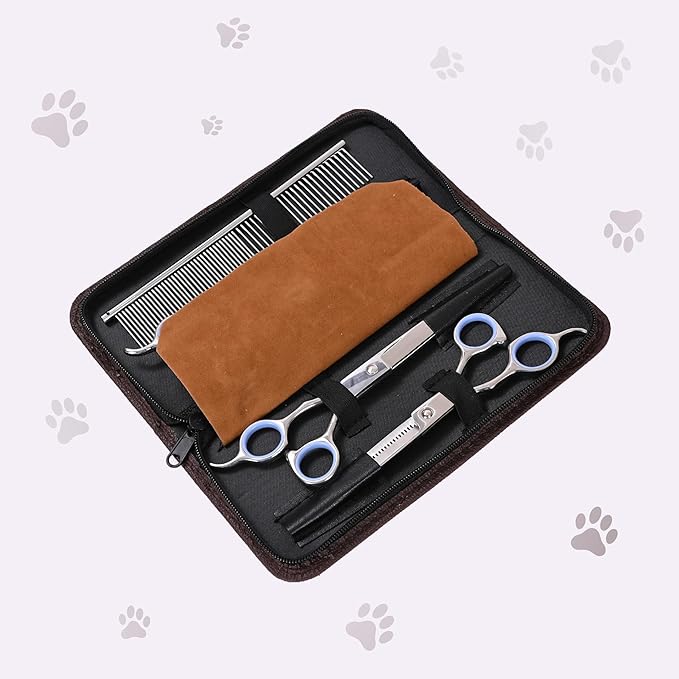 Dog Grooming Scissors Kit - Best Tools for Goldendoodles & Poodles- Straight, Curved & Thinning Shears - Golden Doodle Grooming Professional Grade Stainless Steel, 4 Pc Set (Long Silver)
