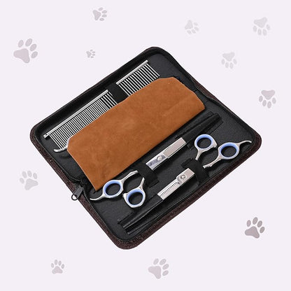 Dog Grooming Scissors Kit - Best Tools for Goldendoodles & Poodles- Straight, Curved & Thinning Shears - Golden Doodle Grooming Professional Grade Stainless Steel, 4 Pc Set (Long Silver)