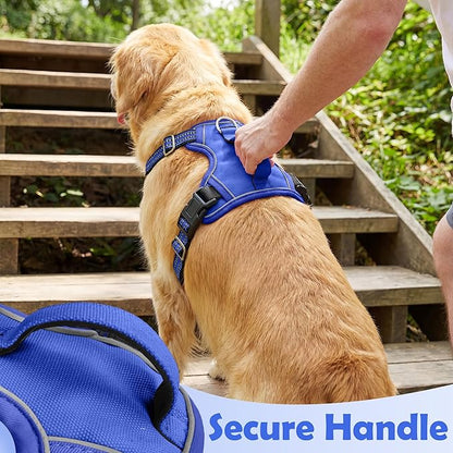 Funfox Dog Harness Medium No Pull, Adjustable 2 Clips Anti-Pull Vest with Practical Handle, Breathable Padded Pet Harness Designed for Small/Large Breeds, Reflective Training Walking Blue M