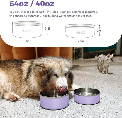 WENBOKMIN Dog Bowl, Stainless Steel Dog Food and Water Bowl with Non Slip Quiet Bottom, Easy to Clean, Dishwasher Safe, 64oz, Light Purple