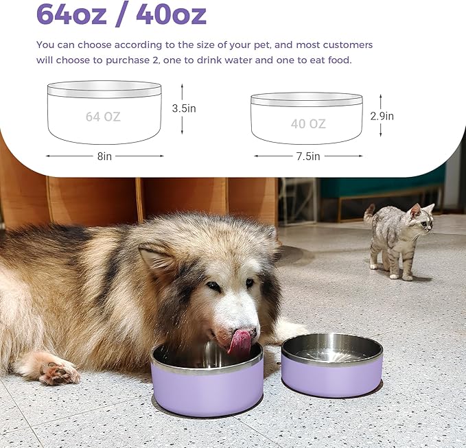 WENBOKMIN Dog Bowl, Stainless Steel Dog Food and Water Bowl with Non Slip Quiet Bottom, Easy to Clean, Dishwasher Safe, 40oz, Light Purple