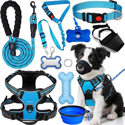 No Pull Dog Harness Adjustable Collar & Leash Set - Dog Halter Harnesses Collapsible Bowls & Poop Bag Dispenser Muzzle ID Tags Toys Fits Small Medium Large Dogs (Blue-M)