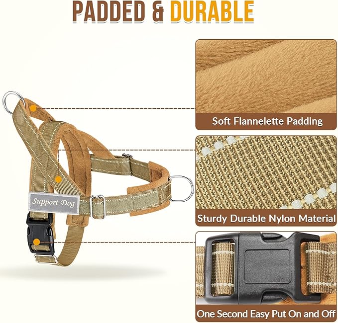 SlowTon No Pull Dog Harness - Heavy Duty Dog Harness and Leash Set for Medium Large Dogs, Reflective Tactical Harness with Soft Padded and Front Clip for Easy Walk and Training (Tan M)